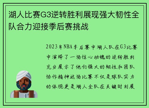 湖人比赛G3逆转胜利展现强大韧性全队合力迎接季后赛挑战