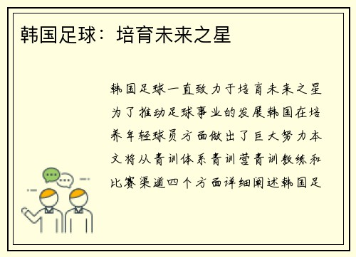 韩国足球：培育未来之星