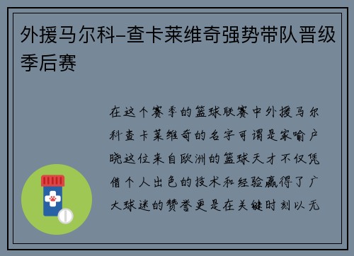 外援马尔科-查卡莱维奇强势带队晋级季后赛